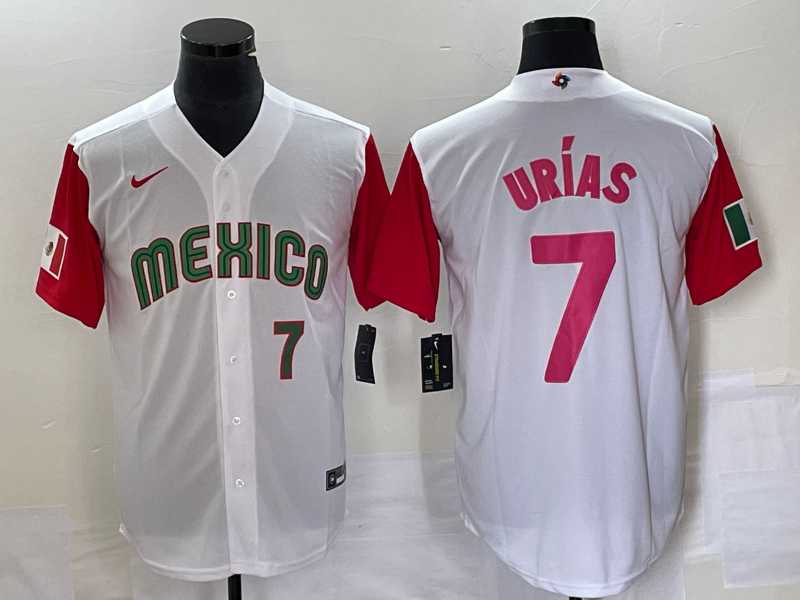 Men%27s Mexico Baseball #7 Julio Urias Number 2023 White Red World Classic Stitched Jersey24